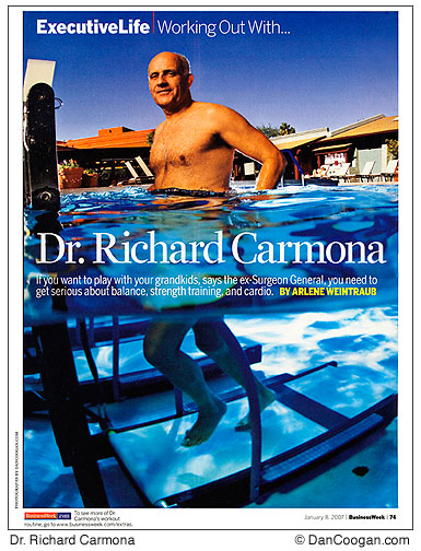 Dr. Richard Carmona, former US Surgeon General on an underwater treadmill, tearsheat from Businessweek magazine