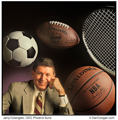 Jerry Colangelo, CEO, Phoenix Suns, double exposure with basketball, soccor ball, tennis racquet, and football