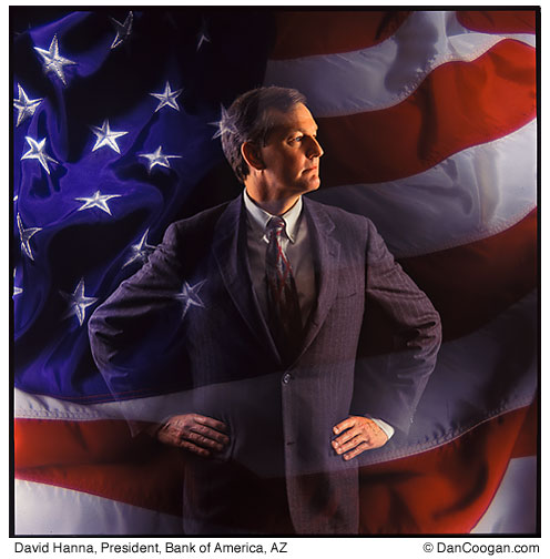 David Hanna, President, Bank of America, AZ, double exposure with a United States flag