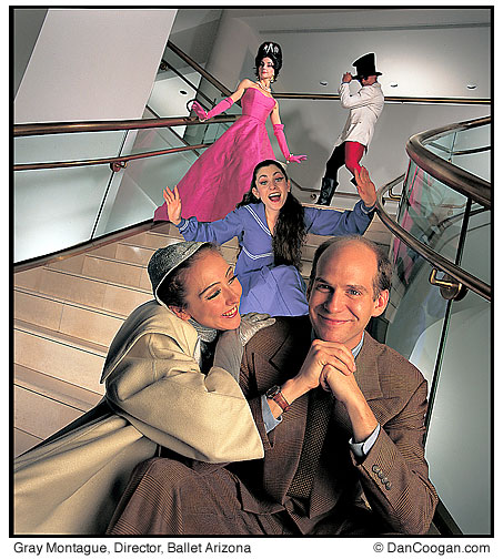 Gray Montague, Director, Ballet Arizona on the steps with actors, inside the Herberger theatre, Phoenix, AZ
