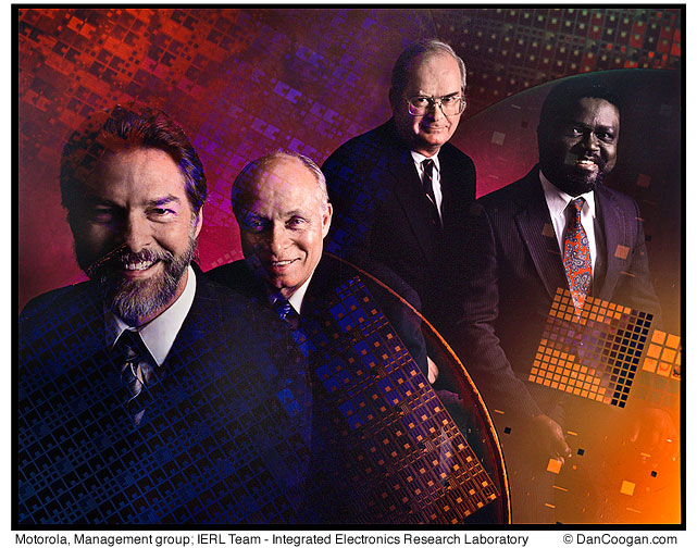Motorola, Management group, Bill Ooms, Charles Weitzel, Ray Vaitkus, Jon Abrokwah, IERL Team, Integrated Electronics Research Laboratory, In Camera double exposure, 4x5 film, with 4 people and Silicone Wafers