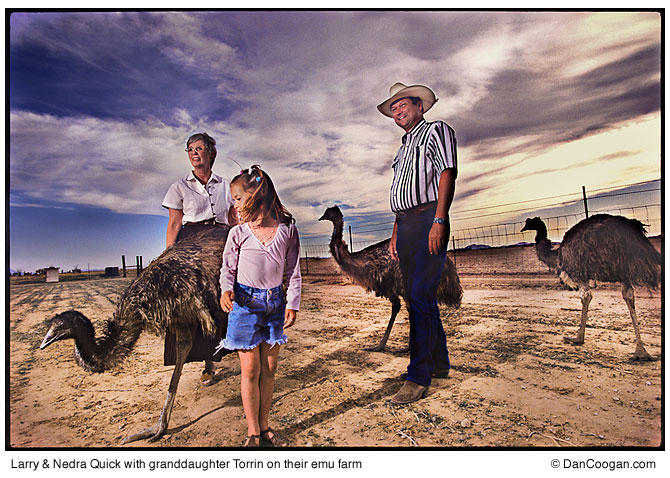 Larry & Nedra Quick w/granddaughter Torrin Turley (age 6) & their Emus